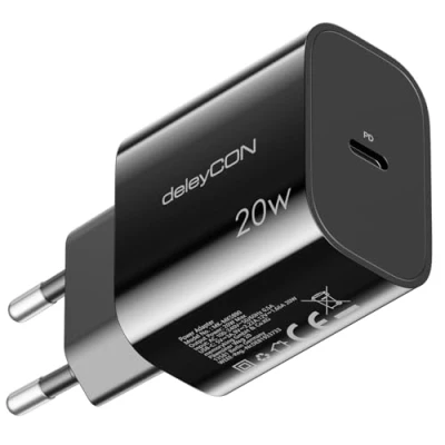 Afbeelding van deleyCON USB C oplader (20 W snellader) 1 poort voeding voor iPhone 15 Pro Max 14 13 12 11 iPad Galaxy S24/S23 Pixel mobiele telefoon PD 3.0 Charger zwart