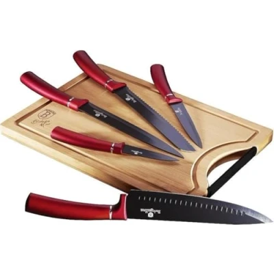 Afbeelding van Berlinger Haus Metallic Line burgundy Edition 6 stuks messenset met bamboe snijplank, BH/2552 roestvrij staal 18/8