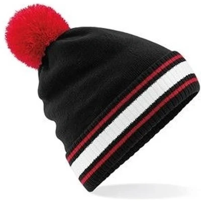 Afbeelding van Zwart/rood met witte beanie muts pompon voor dames