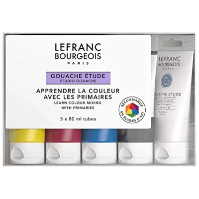 Afbeelding van Lefranc Bourgeois 301246 Study Gouache sterke, lichtechte, dekkende kleuren 5 Set a 80ml tube, Red, Blue, Yellow, Black &amp; White
