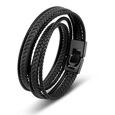 Afbeelding van SERASAR Armband Leer voor Heren Zwart 46cm Lederen Leren Mannen Mannenpolsband Cadeau Man Armversiering Sieraden Vlechtarmband Wikkelarmband Ketting Leather Bracelet Men