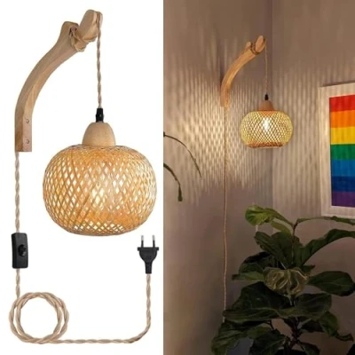 Afbeelding van Houten Binnen Wandlamp, Vintage Wandlamp met Stekker en Schakelaar, E27 Retro Bamboe Lantaarn, Rotan Nachtkastlamp Voor Slaapkamer, Woonkamer (Zonder Gloeilamp)