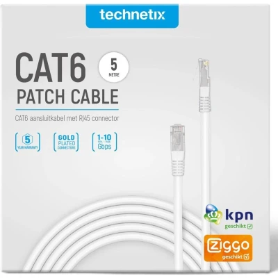 Afbeelding van 5 Mtr Technetix Cat6 netwerkkabel Wit KPN Ziggo geschikt