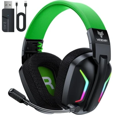 Afbeelding van WESEARY WG1 Bluetooth headset, 2,4 G draadloze gaming headset met microfoon voor PS5, PS4, pc, switch, Mac, opvouwbare surround sound noise cancelling hoofdtelefoon ledlicht, batterijduur van meer