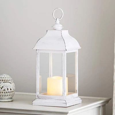 Afbeelding van Lights4fun Set van 2 witte lantaarns met ledkaarsen, werkt op batterijen, 30 cm