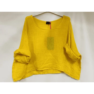 Afbeelding van Luchtige linnen korte crop top ronde hals raglan mouwen kleur GEEL one size