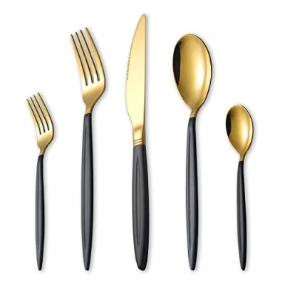 Afbeelding van HOMQUEN 30 delige bestekset in zwart goud, roestvrijstalen bestekset, titanium gouden lepel en met spuitverfhandvat, serviceset voor 6 personen (matzwart glanzend goud)