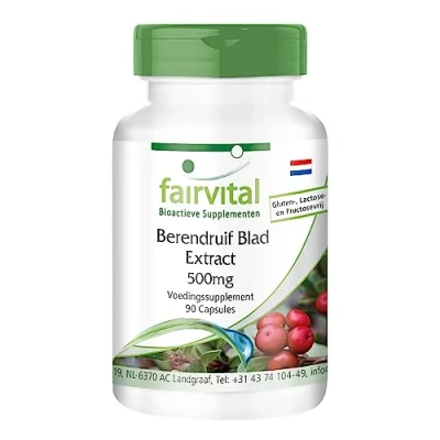 Afbeelding van Fairvital Berendruif blad extract 500mg HOOG GEDOSEERD VEGAN 90 capsules gestandaardiseerd op 20% arbutine
