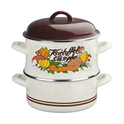 Afbeelding van GSW 565059 geëmailleerde aardappelstamper met deksel 18 cm, emaille, beige decoratie, 3 stuks