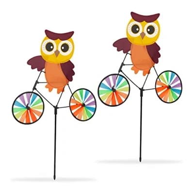 Afbeelding van Relaxdays windmolen uil, set van 2, tuinsteker, voor balkon &amp; terras, windspinner, HxBxD 84,5 x 51,5 3 cm, kleurrijk