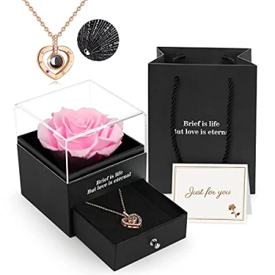 Afbeelding van Geconserveerde Echte Roos,Geschenkdoos Met ik Hou Van Je Ketting, Handgemaakte EeuwigeEchte Roos Bloem Cadeau Voor Haar Vrouw Vriendin Moeder Op Verjaardag,Jubileum,Valentijnsdag, Moederdag,Kerstmis
