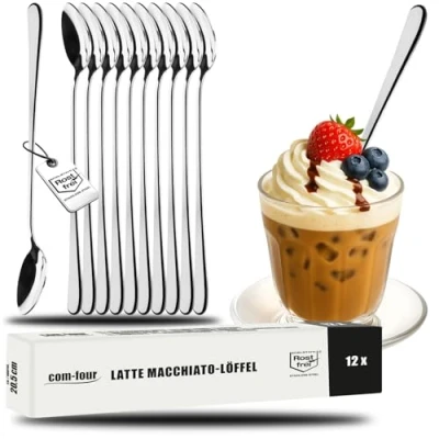 Afbeelding van com four® 12x Latte Macchiato lepels van RVS barlepels longdrinklepels lange voor koffiespecialiteiten ijslepels cocktaillepels (12 stuks 20,5cm)