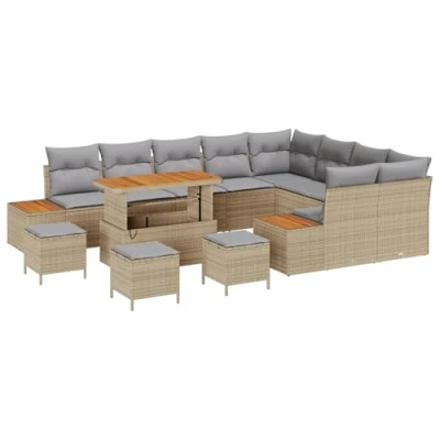 Afbeelding van vidaXL 13 delige ligbedset met kussens Beige poly rattan acacia