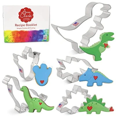 Afbeelding van Ann Clark Cookie Cutters 5 delige Dinosaurus Koekjesvormset met Receptenboek, Triceratops, Stegosaurus, T Rex, Brontosaurus en Voetafdruk
