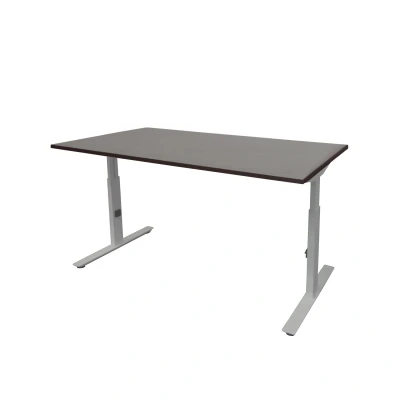 Afbeelding van Linesto Plus bureau, hoogte instelbaar (65 85cm) met 140x80cm logan eiken 25mm blad en aluminium (RAL9006) t poot frame rechte tenen