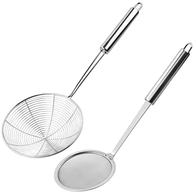 Afbeelding van Vesaneae Set van 2 schuimspaan roestvrij staal, 10/15,5 cm rasterzeef zeeflepel met lange handgreep, zeeflepel, fijne zeef, schuimlepel, voor keuken, filter skims, vetschuim,