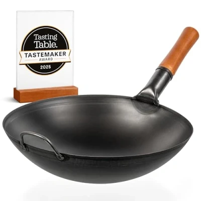Afbeelding van YOSUKATA Koolstofstalen Wokpan en Roerbakpannen 36 cm Voorbehandelde Wok met Ronde Bodem Pow Traditionele Chinese Japanse Pan Compatibel gas open vuur (Zwart)
