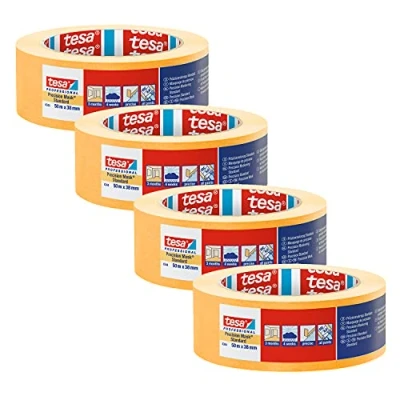 Afbeelding van tesa Precisieklep, 4344, standaard, set van 4 stuks, professionele schildercrêpe met dunne papierhouder, voor nauwkeurig afplakken en afdekken, oranje, elk 50 m x 38 mm