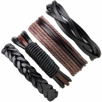 Afbeelding van Fako Bijoux® Leren Armband Leder Set Deluxe 4 Stuks Bruin/Zwart