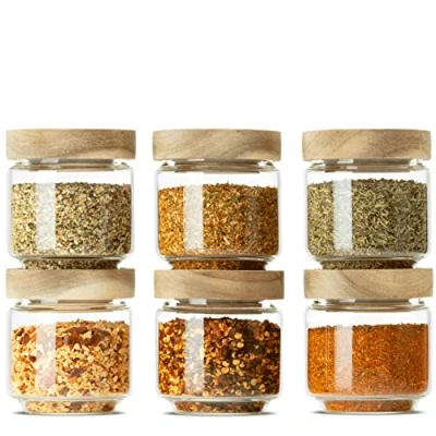 Afbeelding van Kruidenpottenset met deksel (6 delig) van mondgeblazen borosilicaatglas, kruidenpotjes, voorraadpot, luchtdicht, voorraaddozen, glazen containers set voor specerijen en levensmiddelen, klein, 150 ml
