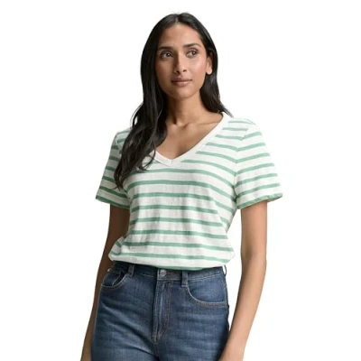 Afbeelding van TOM Tailor MIT Vausschnitt Tshirt print, Dames, Maat: Small, Offwhite faded green stripe