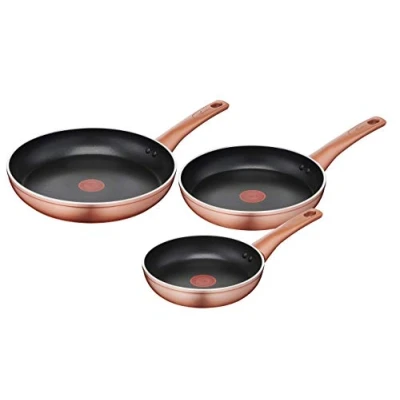 Afbeelding van Lagostina Pannenset met antiaanbaklaag van aluminium, Ø 20/24/28 cm, koperen look, 3 delig, accu voor gaskookpannen en oven thermo signaalweergave, ergonomische handgrepen bakeliet
