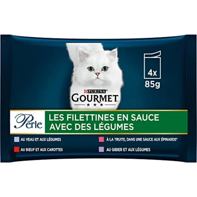 Afbeelding van GOURMET Pearl, volwassen kat, filettines in saus, kalfsvlees, groenten, wild, wortelen, forel spinaziesaus, 4 x 85 g, 12 stuks, vershoudzak