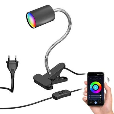 Afbeelding van ledscom.de Klemlamp WAIKA met zwanenhals en schakelaar zwart mat, incl. Smart Home RGBW GU10 LED lamp, 5,41W, 473lm