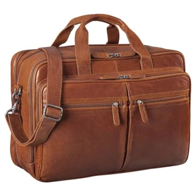 Afbeelding van STILORD &#039;Gigantus&#039; XXL Aktetas Laptoptas 17.3 inch tot 19 kantoor schouder of schoudertas voor laptop met drievoudige verdeler echt leer vintage, Kleur:maraska bruin