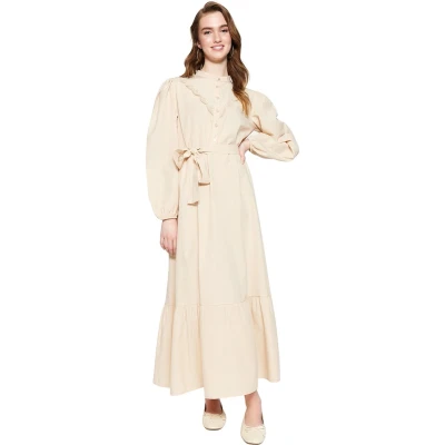 Afbeelding van Trendyol Beige Kraag Geborduurde Geweven Jurk Met Strikceintuur Tctss23Eb00206