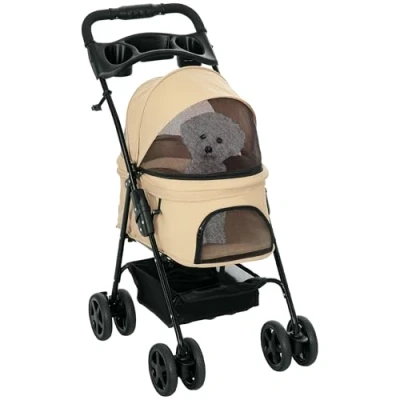 Afbeelding van PawHut Hondenbuggy met Opvouwbaar Ontwerp Huisdierenbuggy voor Kleine Honden en Katten Oxford Khaki 67 x 45 96 cm