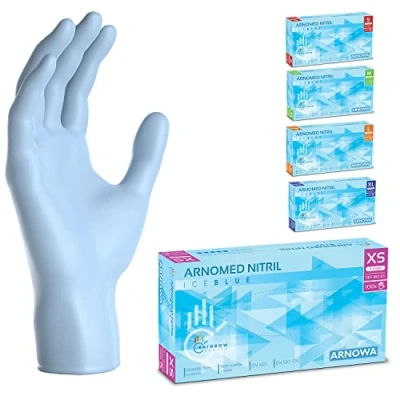 Afbeelding van ARNOMED wegwerphandschoenen lichtblauw, nitril handschoenen XS, met 100 stuks per doos, poedervrij. Latexvrije rubber handschoenen, verkrijgbaar in S, M, L &amp; XL