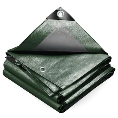 Afbeelding van VOUNOT Afdekzeil, van polyethyleen, 240 g/m², waterdicht, extra zwaar en robuust, aan beide zijden gecoat, met aluminium ogen, zwembadzeil, groen zilver, 4 x 6 m