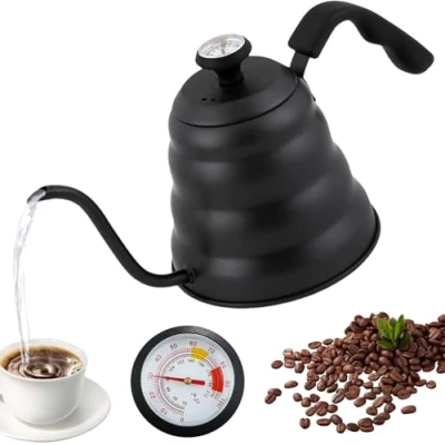 Afbeelding van zwanenhals waterkoker, 1200 ml roestvrij staal, waterketel, koffiekan, met thermometer voor alle warmtebronnen, duurzaam en eenvoudig te reinigen, zwart