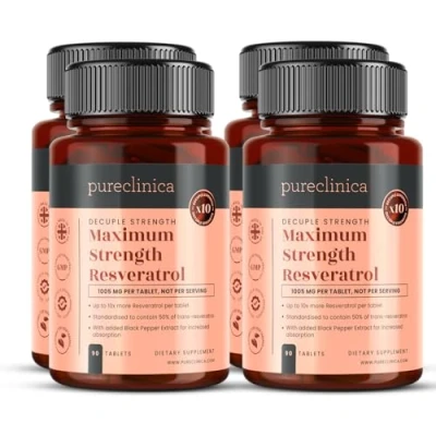 Afbeelding van 1000mg Resveratrol x 360 tabletten (4 flesjes van 90 12 Maanden Voorraad). 10 Sterkte en met Zwarte Peper Extract voor Snellere Opname