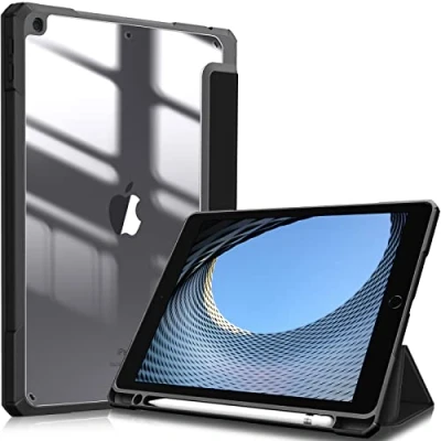 Afbeelding van Fintie Hoes voor iPad 10.2 inch 9e Generatie 2021/8e Gen 2020 /7e 2019 [Ingebouwde Penhouder] Schokbestendige Cover met Transparant Harde Schaal Terug Beschermhoes 10.2, (A Zwart)