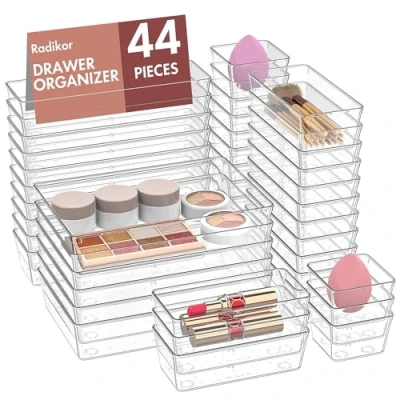 Afbeelding van Radikor Lade organizer, 44 stuks, organizer voor make up, laden van transparante kunststof, stapelbaar, 4 maten, containers badkamer, keuken, bureau