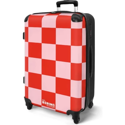 Afbeelding van NoBoringSuitcases.com® Koffer groot Rolkoffer lichtgewicht Rood met roze schaakbord print Reiskoffer 4 wielen Grote trolley XL 20 kg bagage