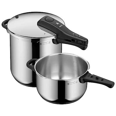 Afbeelding van WMF Perfect One Pot snelkookpannenset, inductie, 2 delig, stoompan 8,5 l + 4,5 met inzetstuk, groot kooksignaal, kookstanden, afneembare dekselgreep