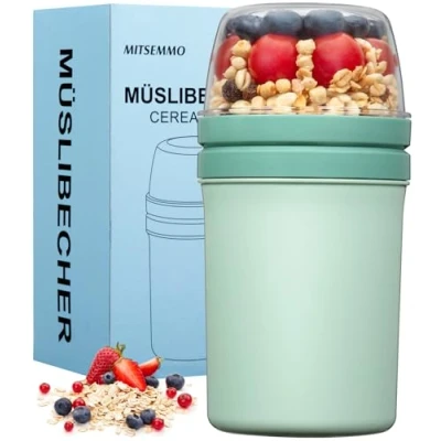 Afbeelding van mueslibeker to go, 600 ml + 270 ml, yoghurtbeker kinderen met lepel, mueslibeker, ontbijtdoos, yoghurtbox go (Nordic groen)