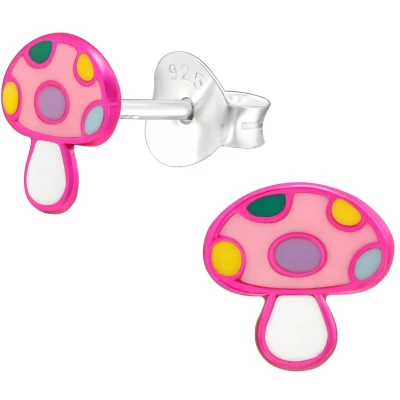 Afbeelding van JoyS Zilveren paddenstoel oorbellen 7 mm roze met kleurtjes kinderoorbellen