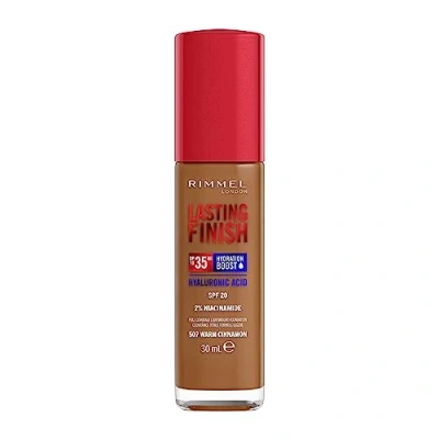 Afbeelding van Rimmel Lasting Finish 35Hr Foundation 507 Warm Cinnamon, volledige dekking, hydraterend, LSF20, hyaluronzuur, vitamine E, 2% niacinamide, de hele dag, veganistisch, dierproefvrij