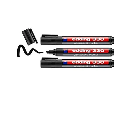 Afbeelding van edding 330 permanent marker zwart 3 stiften beitelpunt 1 5 mm watervast, sneldrogend wrijfvast voor karton, kunststof, hout, metaal, glas