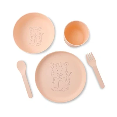 Afbeelding van BIOZOYG Kinderservies, 5 delig, bioplastic, ontbijtset, vaatwasmachinebestendig, bord, kom, kopje, lepel, vork, cadeau ideeën voor kinderen, grappig kinderservies met tijgermotief