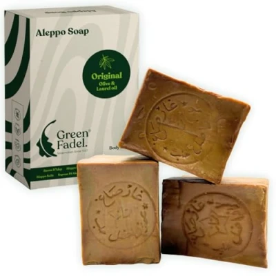 Afbeelding van GREEN FADEL Aleppo Zeep Original 3 x 200g, Olijfolie en Laurierolie, Olijfoliezeep, Kernzeep, Natuurlike Zeep, Soap, Inc. Zeepzakje, Handgemaakte, Vegan, voor Gezicht Lichaam