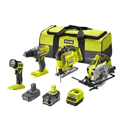 Afbeelding van Ryobi 4 delige set met 18 V ONE+: boorschroevendraaier + decoupeerzaag cirkelzaag ledlamp transporttas 2 accu&#039;s 5 en Ah 1 snellader RCK184A 252S