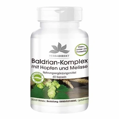 Afbeelding van Valeriaanextract Plus met hop en citroenmelisse 60 capsules veganistisch HERBADIREKT by Warnke Vitalstoffe Duitse apothekerskwalitei