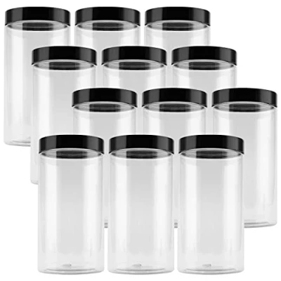 Afbeelding van JEUIHAU 12 stuks plastic voorraadpotten van 1000 ml met zwarte deksels, doorzichtige ronde potten brede opening, container voor voedsel, graan, kruiden en snoep