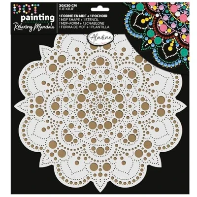 Afbeelding van Aladine mandala set 30 cm in Dot Painting Mandala&#039;s doos met sjabloon en houten standaard 85505