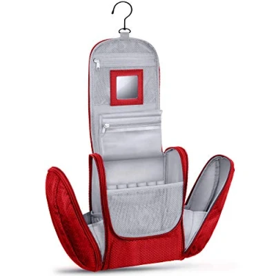 Afbeelding van Grote premium toilettas om op te hangen, met spiegel, zeer ruime toilettas, geschikt als geschenk of vakantie Rot,, rood